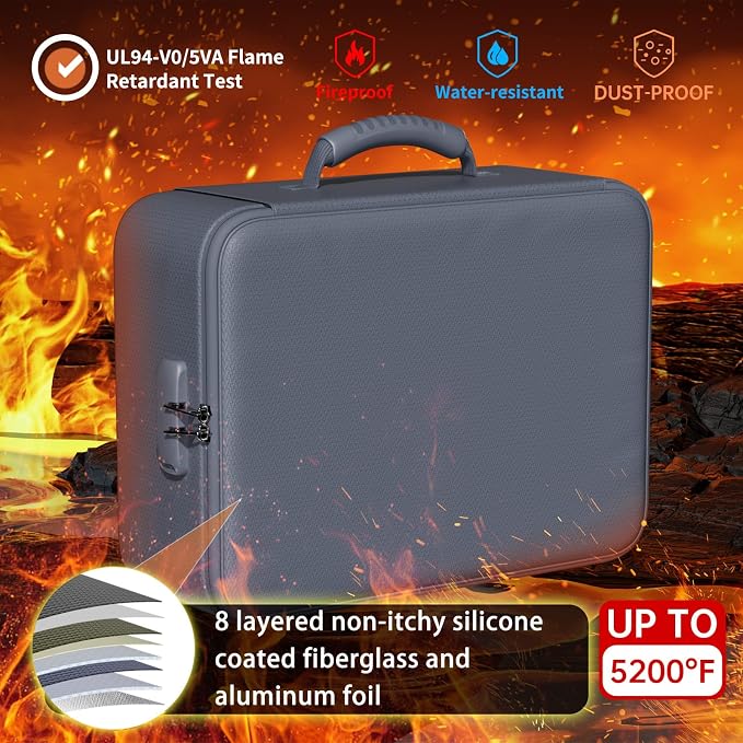 DocSafe 5200°F Document Organizer with Lock,Upgraded Heat Insulated Fireproof＆Waterproof Box 8 Layers File Organizer,Portable Home Travel Safe Storage for Important Documents, Files,Gray (Soft) | Heat Insulated 8 Layers File Protection Bag,Water-Resist...
