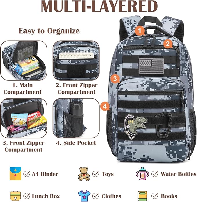 Kids Tactical Backpack Army Molle Bookbag Military Boys Backpack for School, Outdoor, Camping, Black Digital CM