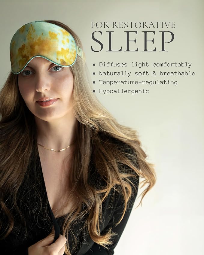 SILK & WILLOW - Botanical Print Pure Mulberry Silk Eye Mask & Scrunchie Gift Set, Luxurious Sleep Eye Mask & Hair Accessory Bundle, Durable Nature-Considerate Wellness Gifts for Women, Teal Marigold