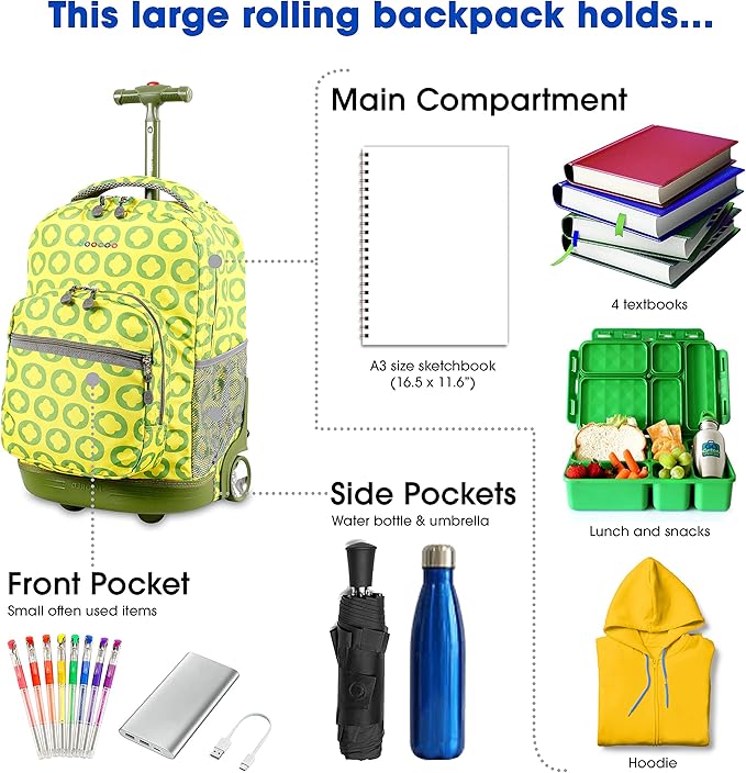 J World Sunrise Kids Rolling Backpack for Girls Boys. Roller Bookbag With Wheels For School, Lime Logo