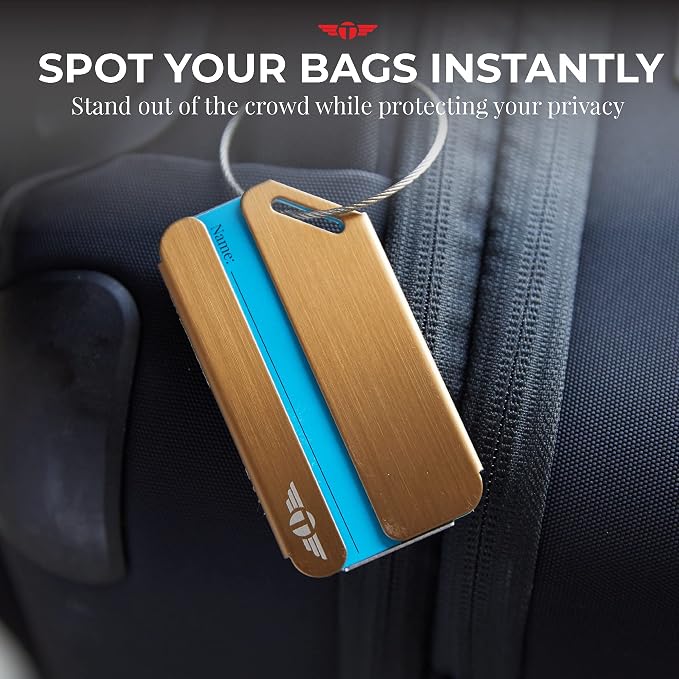 Heavy Duty Metal Luggage Tags for Suitcases| Indestructible Aluminum Travel Tag w/Steel Cable Loop & Smart Lost Bag Recovery, Durable Bag Identifier, Black Silver Gold (Gold, 4 Pack)