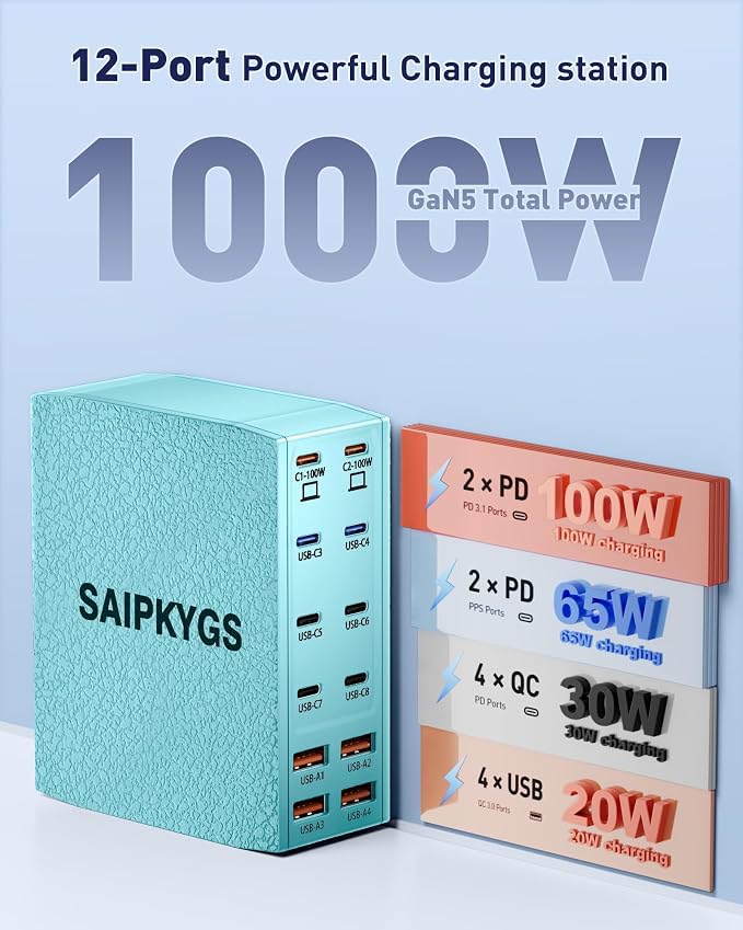 USB Charging Station (1000W),12-Port USB C Charger Block with Dual 100W PD USB-C Fast Charging Station Hub for MacBook Pro/Air/All iPad Phone 17/16 15/14/13/Pro Max/Samsung Galaxy Note(Green)