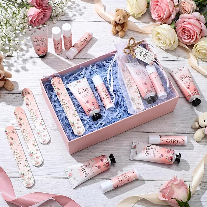 Leelosp 24 Sets Baby Shower Favors for Guests Baby Shower Hand Cream and Lip Balm Bulk Gift Set Thank You Gift Travel Size Hand Lotion Lip Balm with Nail File Party Favors
