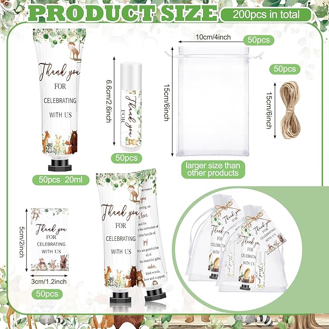 50 Sets Woodland Animal 200 Pcs Baby Shower Hand Lotion and Lip Balm Gift Theme Baby Shower Party Favors Travel Size Hand Lotion and Lip Balm Bulk with Organza Bags Tags