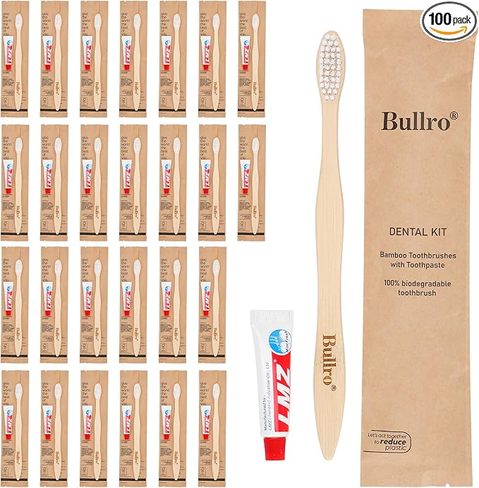 Bamboo Disposable Toothbrush Kit (100 Pack) with 6g Toothpaste - 100% Natural Biodegradable - Individually Wrapped Disposable Amenities for Hotel, Airbnb, Travel, Camping, Homeless & Guest Use