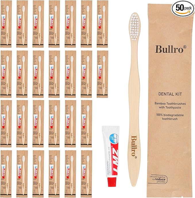 Bamboo Disposable Toothbrush Kit (50 Pack) with 6g Toothpaste - 100% Natural Biodegradable - Individually Wrapped Disposable Amenities for Hotel, Airbnb, Travel, Camping, Homeless & Guest Use