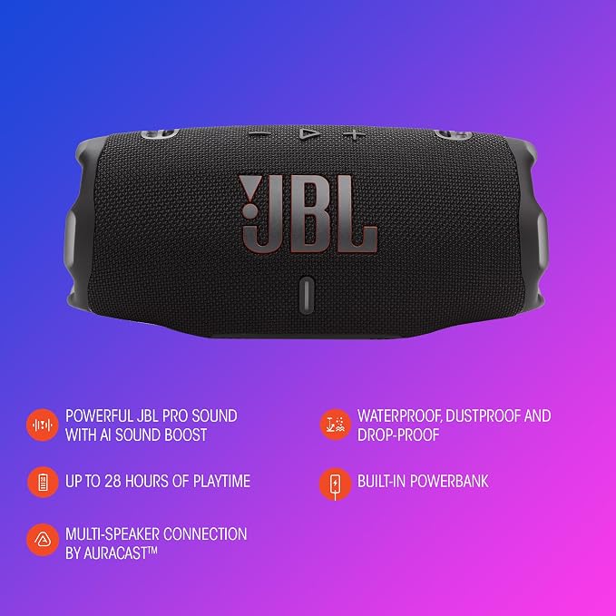 JBL Charge 6 - Portable Waterproof & Drop-Proof Bluetooth Speaker, Bold JBL Pro Sound with AI Sound Boost, 28Hrs of Playtime, Built-in powerbank & Comes with a Sturdy/Removable Carrying Strap (Black)