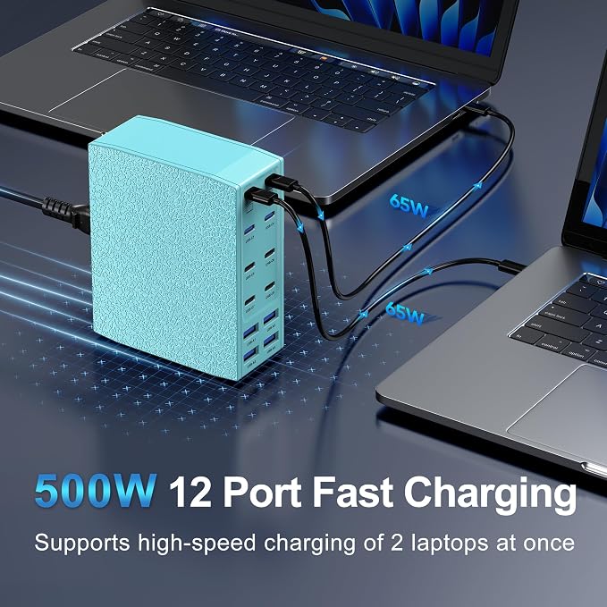 500W USB C Charger Block, 12-Port USB C Charging Station for Multiple Devices, Leather Texture Dual PD 65W Laptop Fast Charger Compatible with MacBook Pro/Air, iPad, iPhone,Galaxy and More,Green