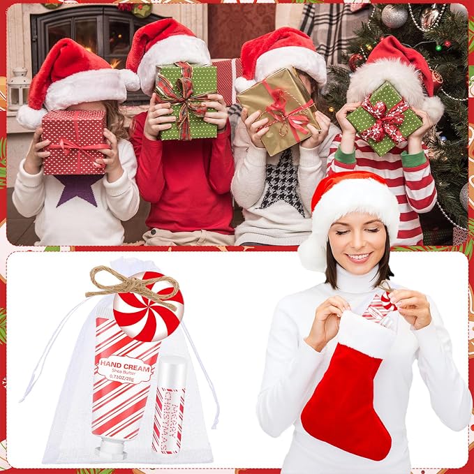 144 Pcs Lip Balm Hand Cream Set Party Favors, Include 36 Lip Balm 36 Moisturizing Hand Cream 36 Bags 36 Cards and Ropes for Accessories Gifts(Red,Christmas)