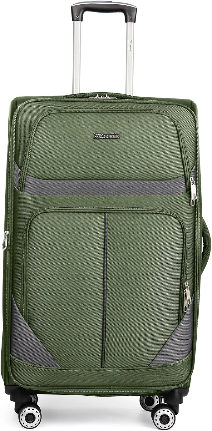 28" Large Softside Expandable 15% Checked Luggage with Double Spinner Wheels LOCK,Lightweight Travel Suitcase for Men/Women（Green-Grey,28in）