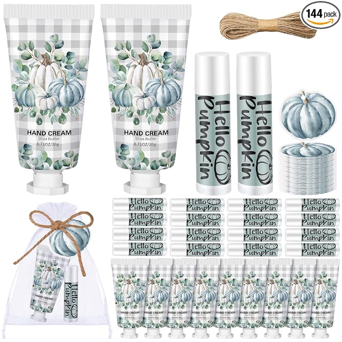 144 Pcs Lip Balm Hand Cream Set Party Favors, Include 36 Lip Balm 36 Moisturizing Hand Cream 36 Bags 36 Cards and Ropes for Accessories Gifts(Black and Blue,Pumpkin)