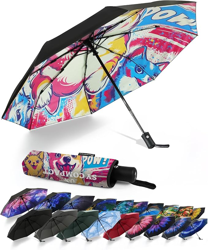 SY COMPACT Travel Umbrella - Windproof Automatic Compact Umbrella for Rain, Lightest 8-Rib, Small, Strong & Portable, Durable Grip, Fits Backpack & Car, Factory Direct (UV Available)