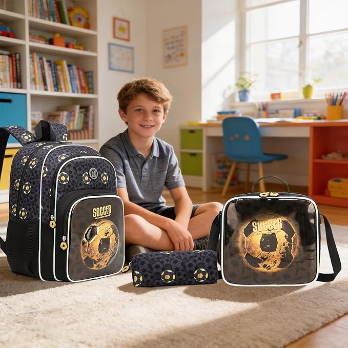Kids Backpack for Boys Soccer School Backpack for Kids with Lunch Box Toddler Preschool Bookbag for Boys Lightweight Travel Backpack for School