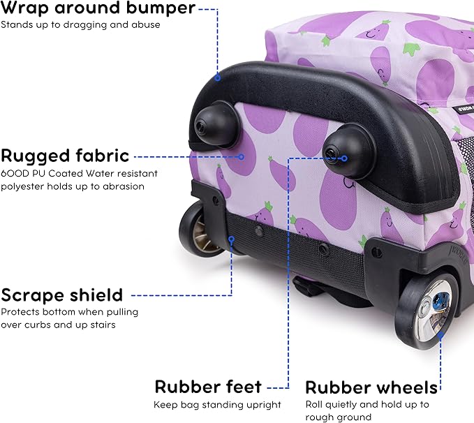 J World Sunrise Kids Rolling Backpack for Girls Boys. Roller Bookbag With Wheels For School, Mr. Eggplant