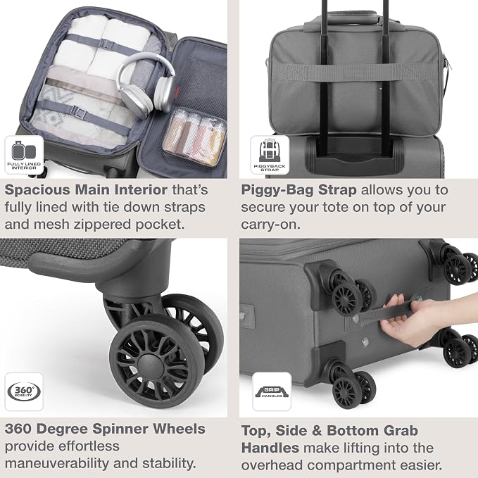 U.S. Traveler Rio Lightweight Softside Rolling Carry-on Suitcase, 4-Wheel Single, Light Gray