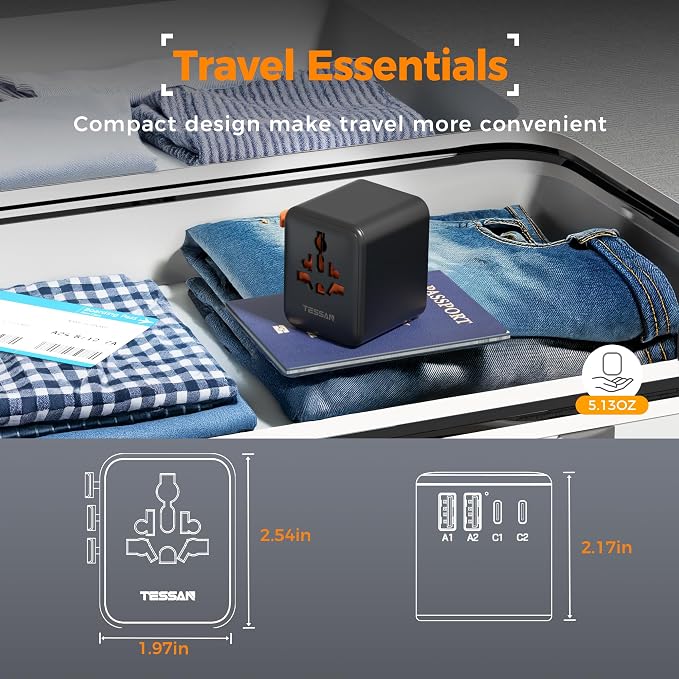 TESSAN Universal Travel Adapter, International Power Adapter with 4 USB Ports (2 USB C), Travel Plug Adaptor Worldwide for US to Europe UK France Germany Spain Ireland Australia Japan (Type C G A I)