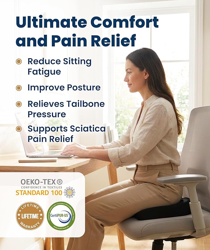 Everlasting Comfort Doctor Recommended Memory Foam Seat Cushion for Office Chairs & Car - Ergonomic Office Desk Accessories - Cushions for Tailbone Pain Relief, Sciatica (Black Airflow, Large)