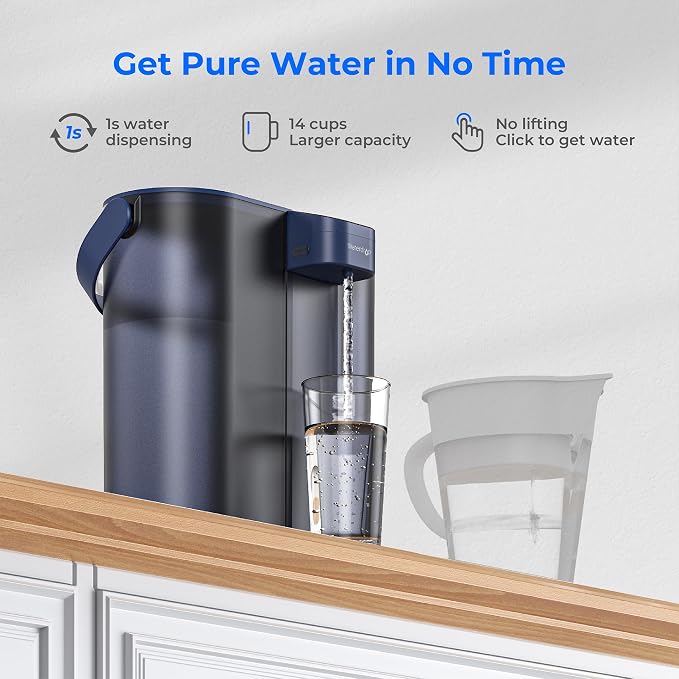 Waterdrop ED02B Compact Electric Water Filter Pitcher, 200-Gallon Rechargeable Instant Powerful Dispenser, NSF/ANSI 42&53&401&372, Reduce PFOA/PFOS, Lead, Chlorine, 14-Cup, NOT Reduce TDS, Blue