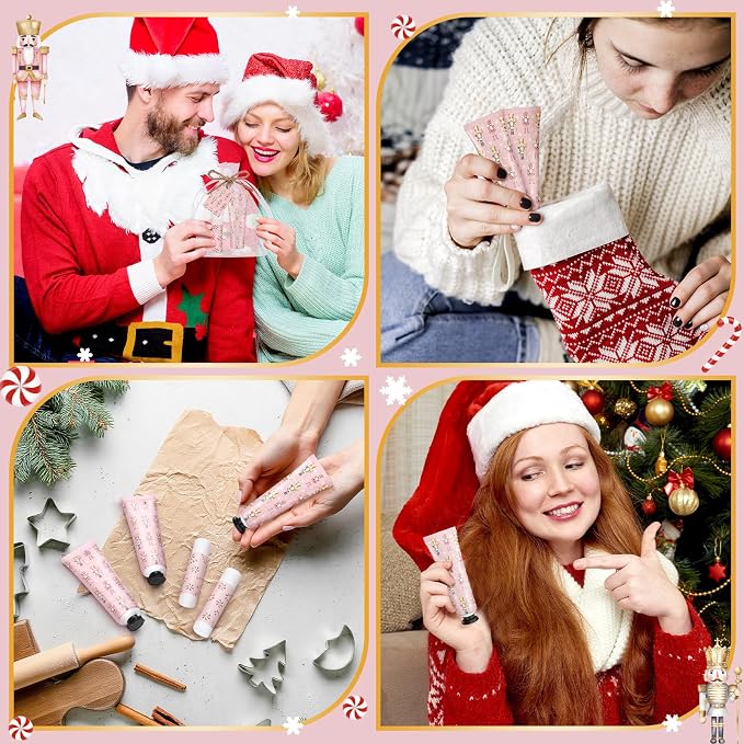 24 Sets Christmas Pink Nutcracker Hand Cream and Candy Lip Balm Gift Christmas Party Favors Travel Size Hand Lotion and Lip Balm Bulk Wedding Bridal Baby Shower Party Supplies for Guest