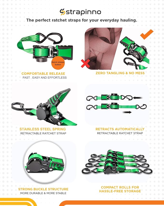 Strapinno 4pcs Retractable Ratchet Straps Bundle 1in x 6ft Ratchet Tie Down with Rubber Coated Steel Handle, S Hooks, Breaking Strength 1500 lbs Each (Green Strap, Black Coated)