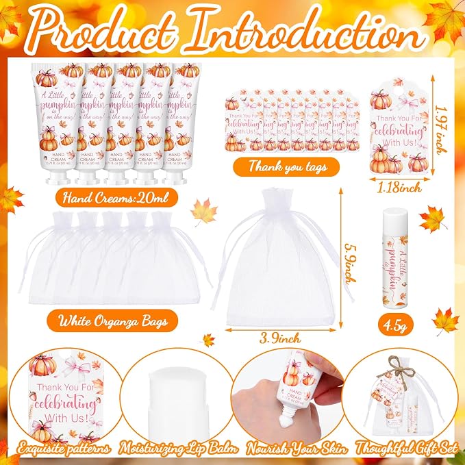 24 Sets Fall Pink Bow Pumpkin Baby Shower Hand Cream Lip Balm Gift Little Pumpkin Baby Shower Party Favors Travel Size Hand Lotion Lip Balm Bulk with Organza Bag Tags Birthday for Guest Kids