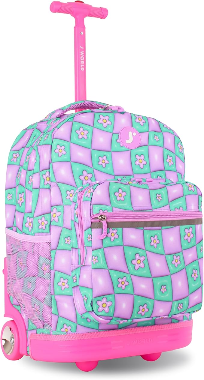 J World Sunrise Kids Rolling Backpack for Girls Boys. Roller Bookbag With Wheels For School, Puffy Flower