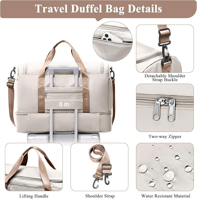 Travel Duffel Bag for Women, Carry-on Overnight Weekender Bags with Wet Pocket, For Spirit Airlines 18x14x8 Personal Item Bag,Small,Beige & Brown