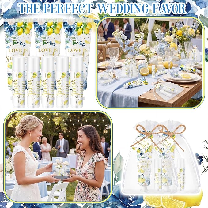 24 Sets Blue Floral Lemon Hand Cream and Lip Balm Gift, Love Is Sweet Bridal Shower Favors for Guest Travel Size Hand Lotion and Lip Balm Bulk Lemon Bridal Shower Birthday Party Supplies
