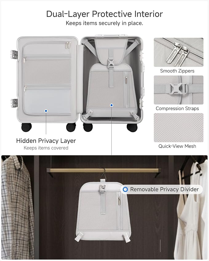 Luggage Sets with Spinner Wheels, 8010S Aluminum Frame Zipperless Polycarbonate Hard Shell Suitcase Sets (ZX-Core, Silver, 2 Piece (20/28))