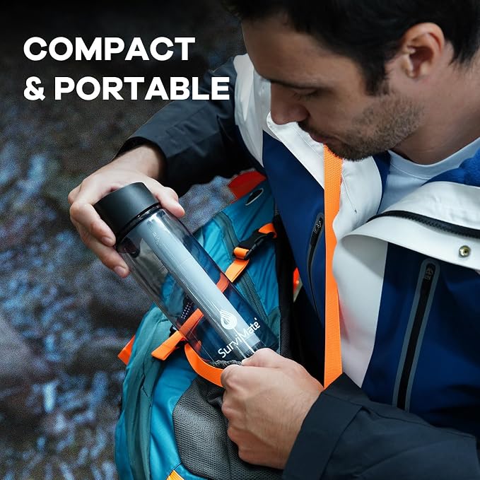 Survimate 5-Stage 0.01μm Ultra-Filtration Filtered Water Bottle, BPA-Free Material, NSF/ANSI 42 Certified, Portable Water Filter Bottle for Survival, Camping, Hiking, and Emergency Use