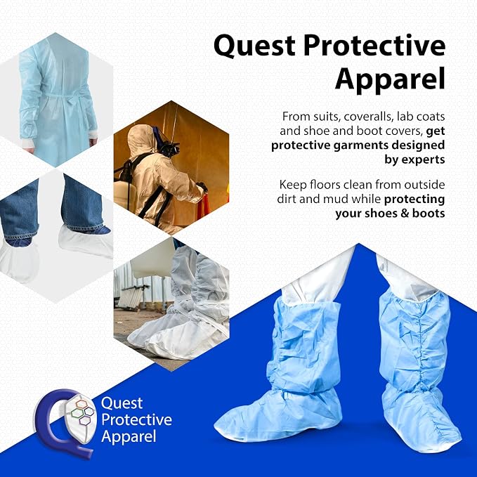 Quest Traction Disposable Boot & Shoe Covers 18" Tall – Non-Slip, Water-Resistant Protective Overshoes, Blue, X-Large, 50 Pairs for Cleanroom, Medical & Industrial Use