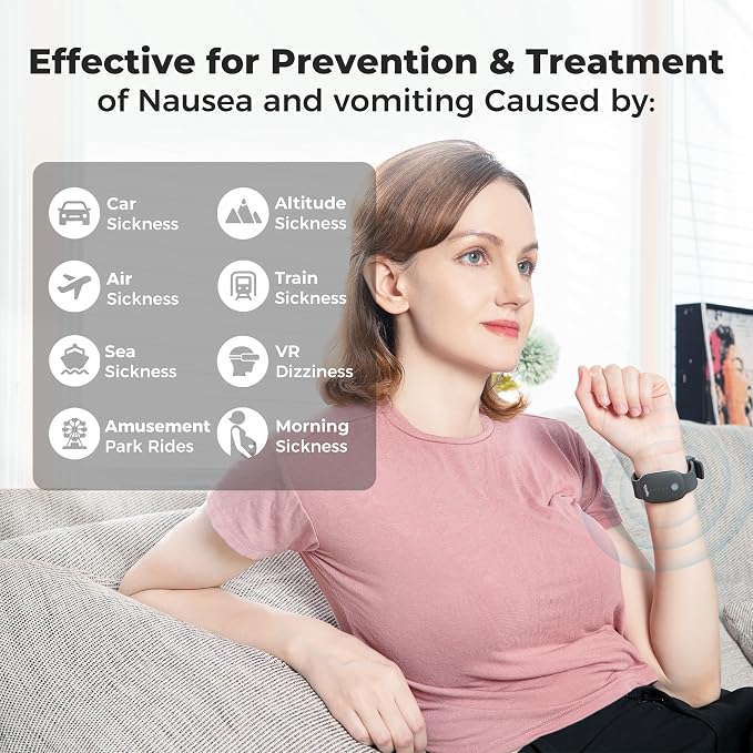EmeTerm Fashion Anti-Nausea Wristband Relieve Morning Motion Travel Sickness Rechargeable Drug Free Bands without Side Effects - Extra 2pack Conductive Gel (Black - Extra 2pack Conductive Gel)