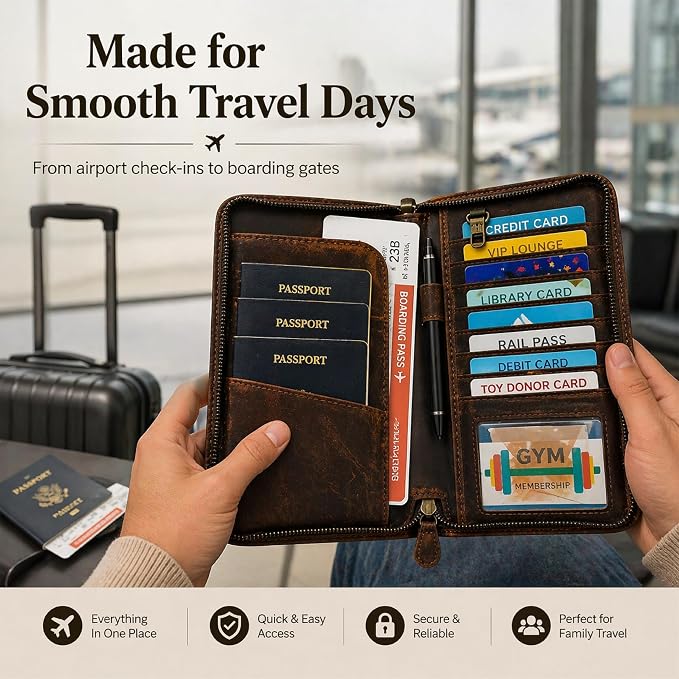 Brown Leather Family Passport Holder - Travel Document Organizer Wallet with Card Slots ID Window Zipper Closure for Multi Passport Storage Travel Use, 5 x 9