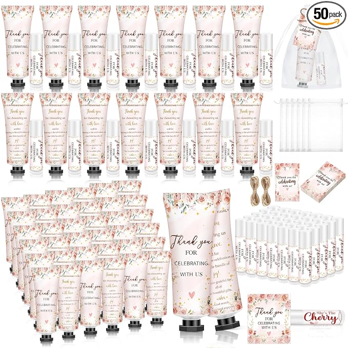 50 Sets 200 Pcs Pink Floral Baby Shower Gifts Bulk Hand Lotion and Lip Balm Wedding Party Favors Floral Theme Bride Shower Travel Size Hand Lotion and Lip Balm with Organza Bags Tags