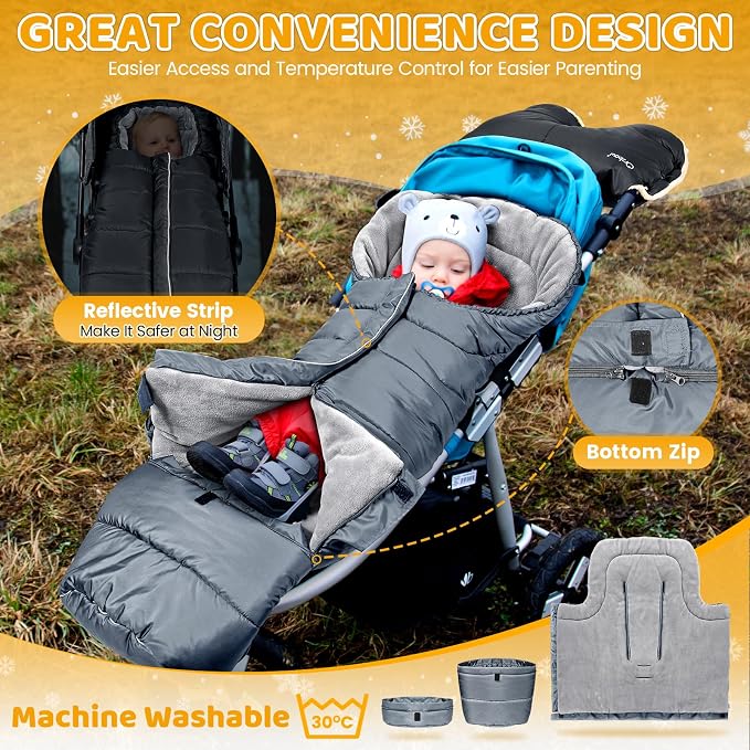 Orzbow Stroller Footmuff Universal - Weather-Proof Bunting Bag for Toddler, Warm Fleece Sleeping Bag for Cold Weather, Easily Attaches to Most Strollers, Baby Boys Girls Winter Essentials, Grey