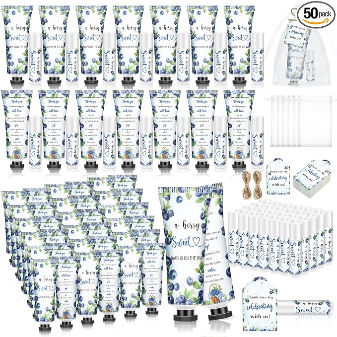 50 Sets 200 Pcs Blueberry Baby Shower Gifts Bulk Hand Lotion and Lip Balm Party Favors a Berry Sweet Is on the Way Theme Travel Size Hand Lotion and Lip Balm with Organza Bags Tags
