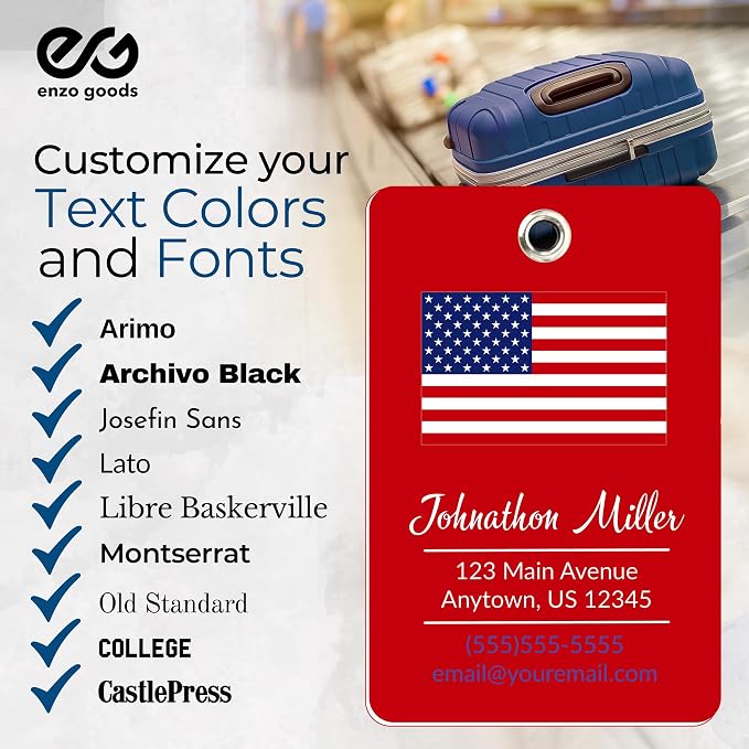 Personalized Luggage Tag with American Flag | 2 Pack | Custom Luggage Tags for Suitcases | Kids Backpack Tag | 4 Color Options & Choose Font, Font Color