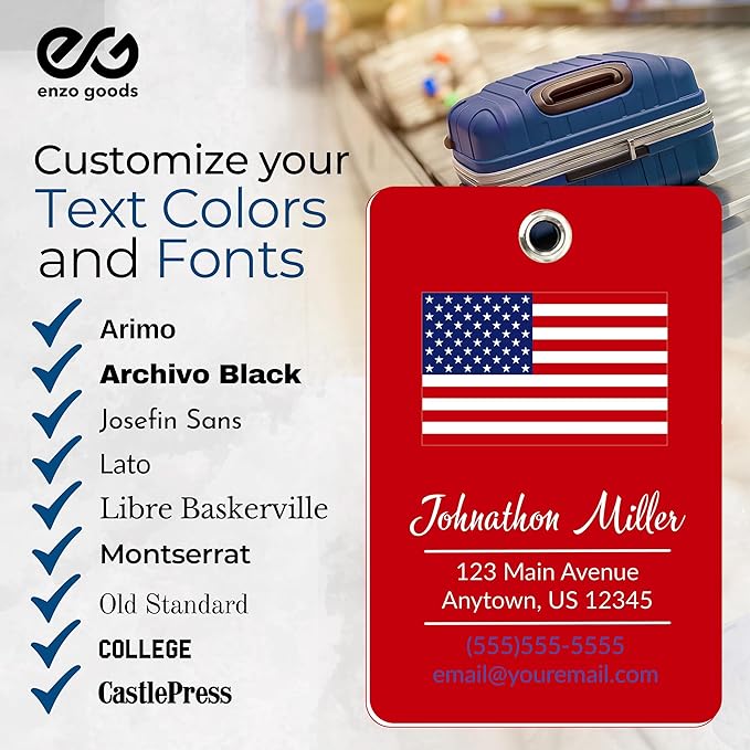 Personalized Luggage Tag with American Flag | 4 Pack | Custom Luggage Tags for Suitcases | Kids Backpack Tag | 4 Color Options & Choose Font, Font Color