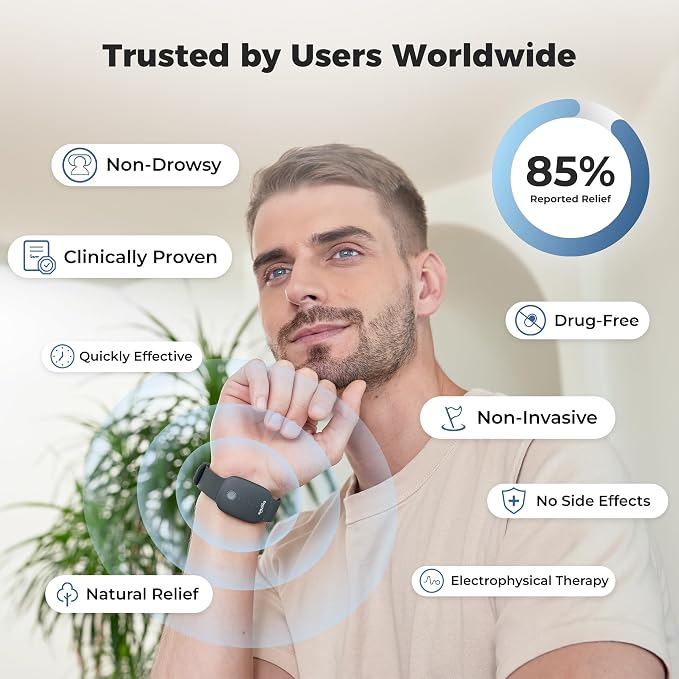 EmeTerm Fashion FDA-Cleared Relieve Nausea Electrode Stimulator Morning Sickness Motion Travel Sickness Vomit Relief Rechargeable No Gel Drug Free Wrist Bands Without Side Effects
