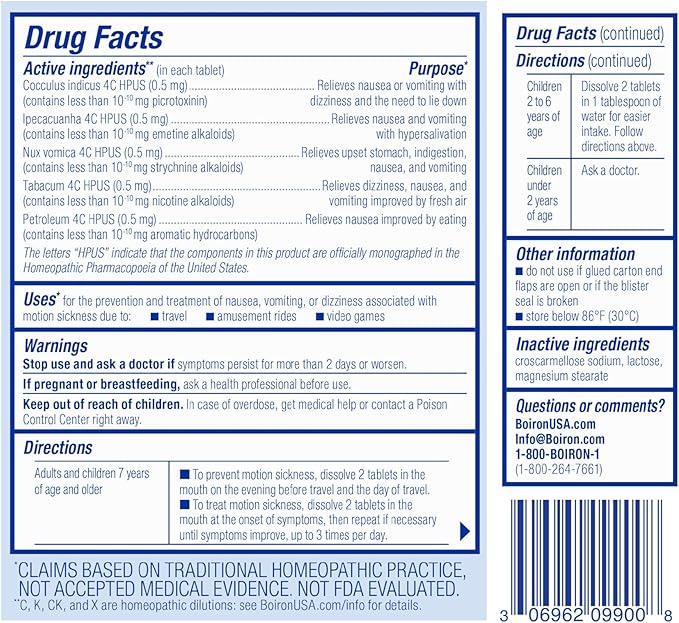 Boiron MotionCalm Relief for Nausea, Vomiting, or Dizziness from Motion Sickness, Carsickness, Seasickness, Amusement Rides, and Video Games or VR - Non-Drowsy - 120 Count (2 Pack of 60)
