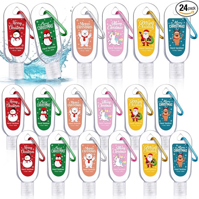 24 Packs Christmas Hand Sanitizers with Keychains Bulk 1 oz Mini Travel Size Hand Sanitizer Keychains Gifts Set Christmas Party Favors Stocking Stuffers for Women Coworkers Friend Family
