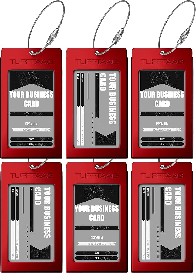 Luggage Tags Business Card Holder by TUFFTAAG - Durable Travel ID Bag Tag, Red, 6 Tags