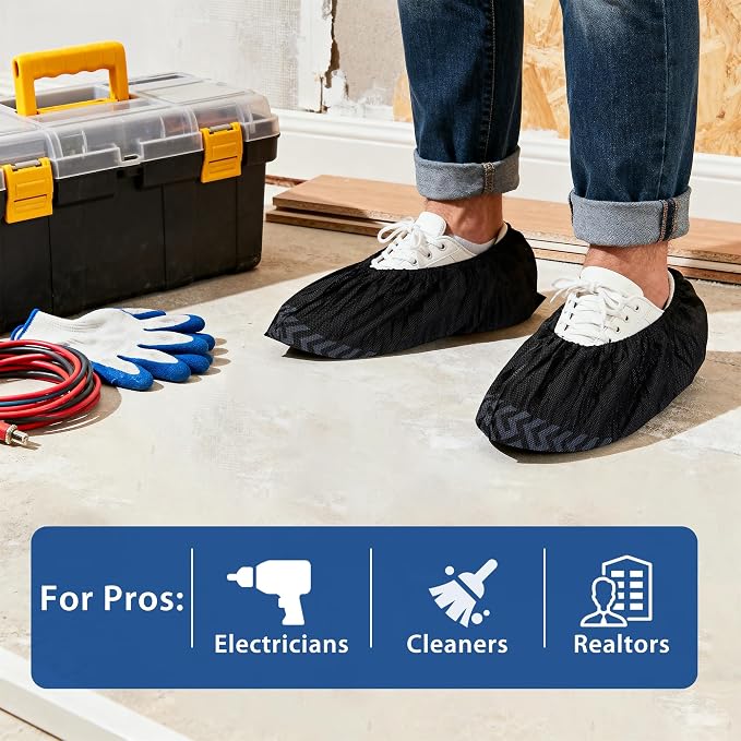 X-Large Shoe Covers Disposable [200-Pack] - Black Non-Woven Fabric Disposable Shoe Covers for Indoors, Fits Men's Size 13 | Durable, Slip-Resistant Boot Covers | Protect Floors, Shoes & Booties
