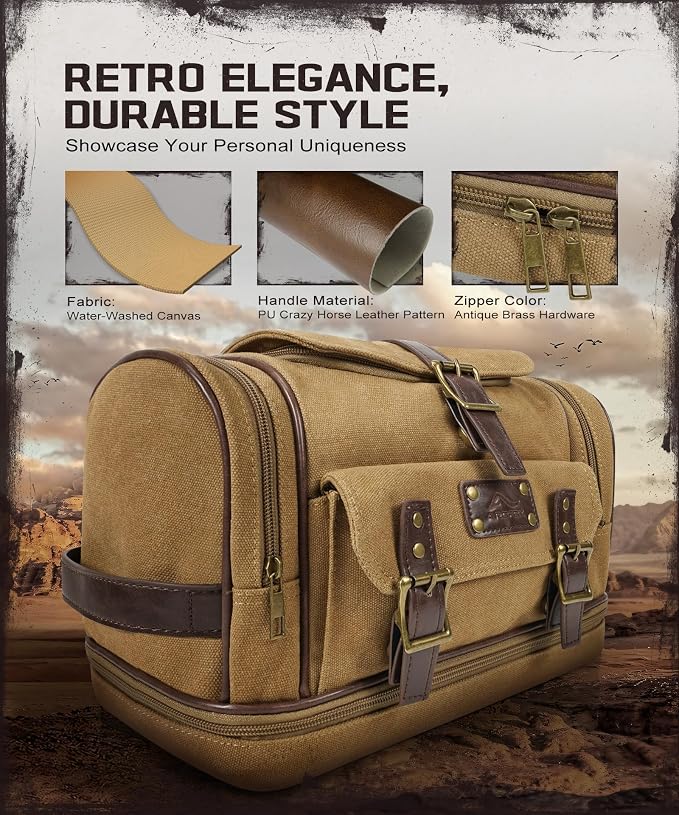 ARCFOX Travel Hanging Toiletry Bag for Men, Vintage Canvas Large Toiletry Bag with 7 Compartments, Camping Gym Travel Toiletry Kit Organizer with PVC Wet & Dry Pockets, Personalized Wash Bag, Brown