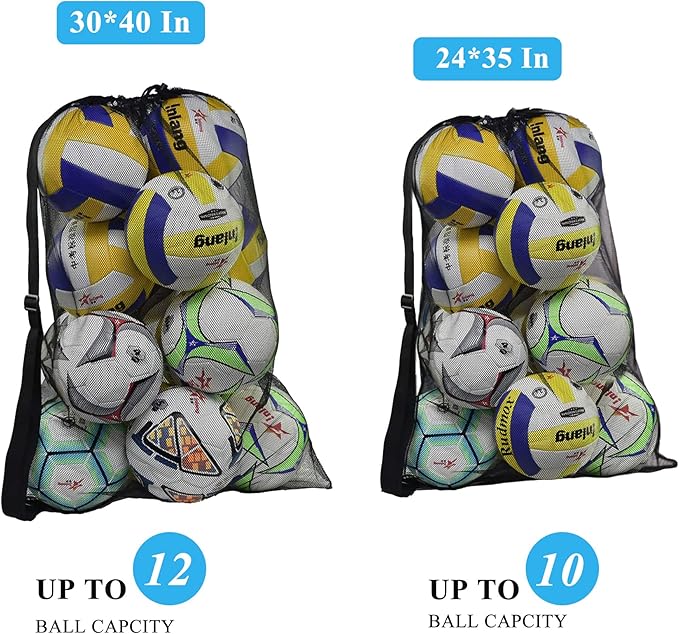 Heavy Duty Mesh Ball Bag, Drawstring Sport Equipment Storage Bag for Basketball, Soccer, Sports Beach and Swimming Gears with Adjustable Shoulder Strap Outdoor Organizer