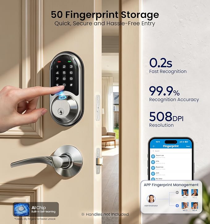 Veise RZ07 Fingerprint Smart Lock, 7-in-1 Smart Locks for Front Door, Keyless Entry Door Lock with App Control & Auto-Lock, Biometric Electronic Touchscreen Keypad Deadbolt, Satin Nickel