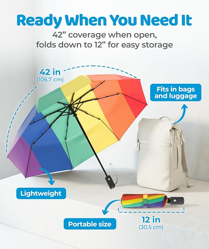 Rain-Mate Windproof Compact Umbrellas for Rain - Strong Reinforced Fiberglass Rib Design & Auto Open & Close - Portable Folding Travel Umbrella - Lightweight & Packable for Women & Men, Easy Collapse