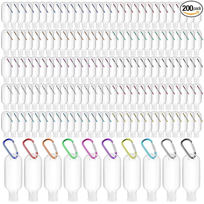 FairySandy 200 Pcs Traveling Bottles with Keychain 2oz Clear Plastic Hand Sanitizer Holder Keychain Empty Refillable Liquid Packing Container Squeeze Plastic Bottle with Lid,Rectangle