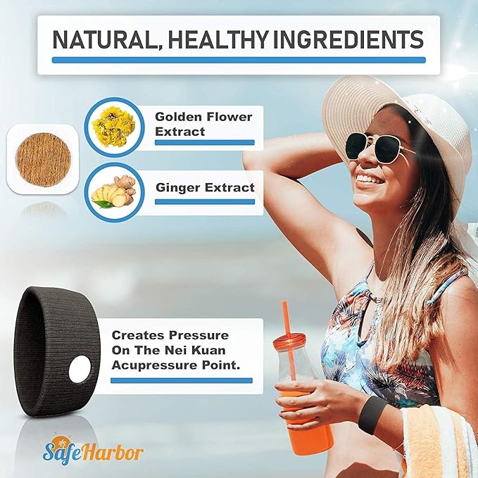 Sea Sickness Kit for Cruise | Motion Sickness Wristbands + Ginger Patches | Non Drowsy Nausea Relief for Adults, Kids | Alaska Cruise Essentials, Travel Kit for Car, Airplane | 2 Bands + 10 Patches