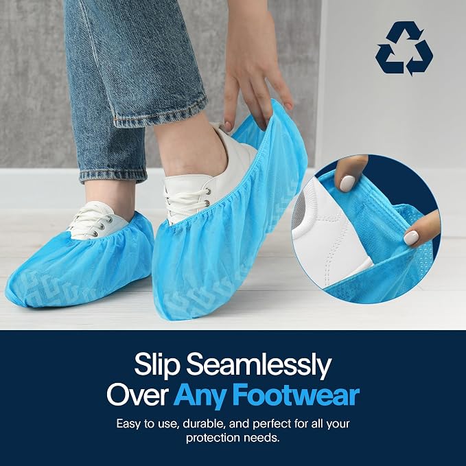 Blue Shoe Guys Premium Disposable Boot & Shoe Covers Booties | 100 Pack | Durable, Non-Slip, Non-Toxic, Water Resistant, Recyclable Protectors for Indoor & Outdoor | Large Size Fits Most Shoes